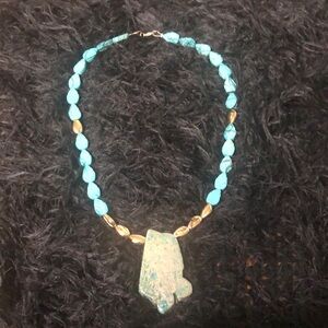 Gold and Blue Necklace with Organic Pendant